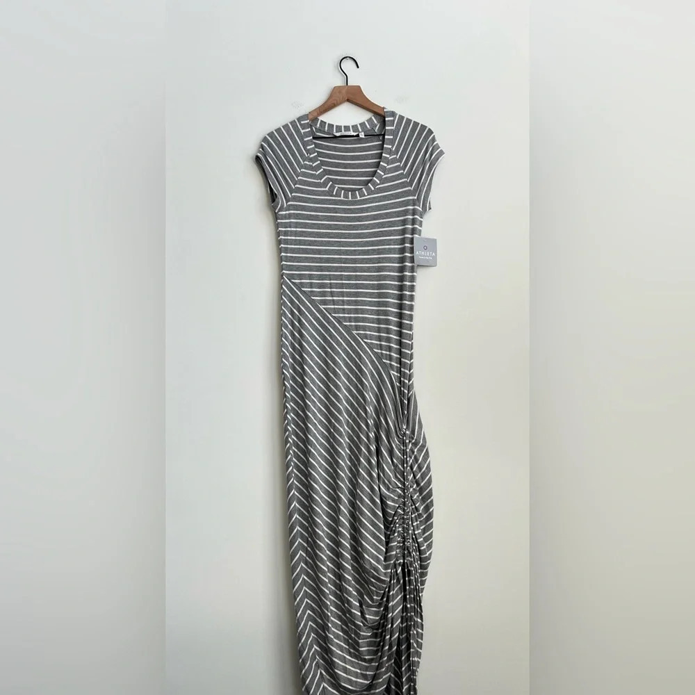New Athleta Shark Bite Cinch Maxi Dress Gray Asymmetrical Striped Jersey Small - Picture 3 of 14